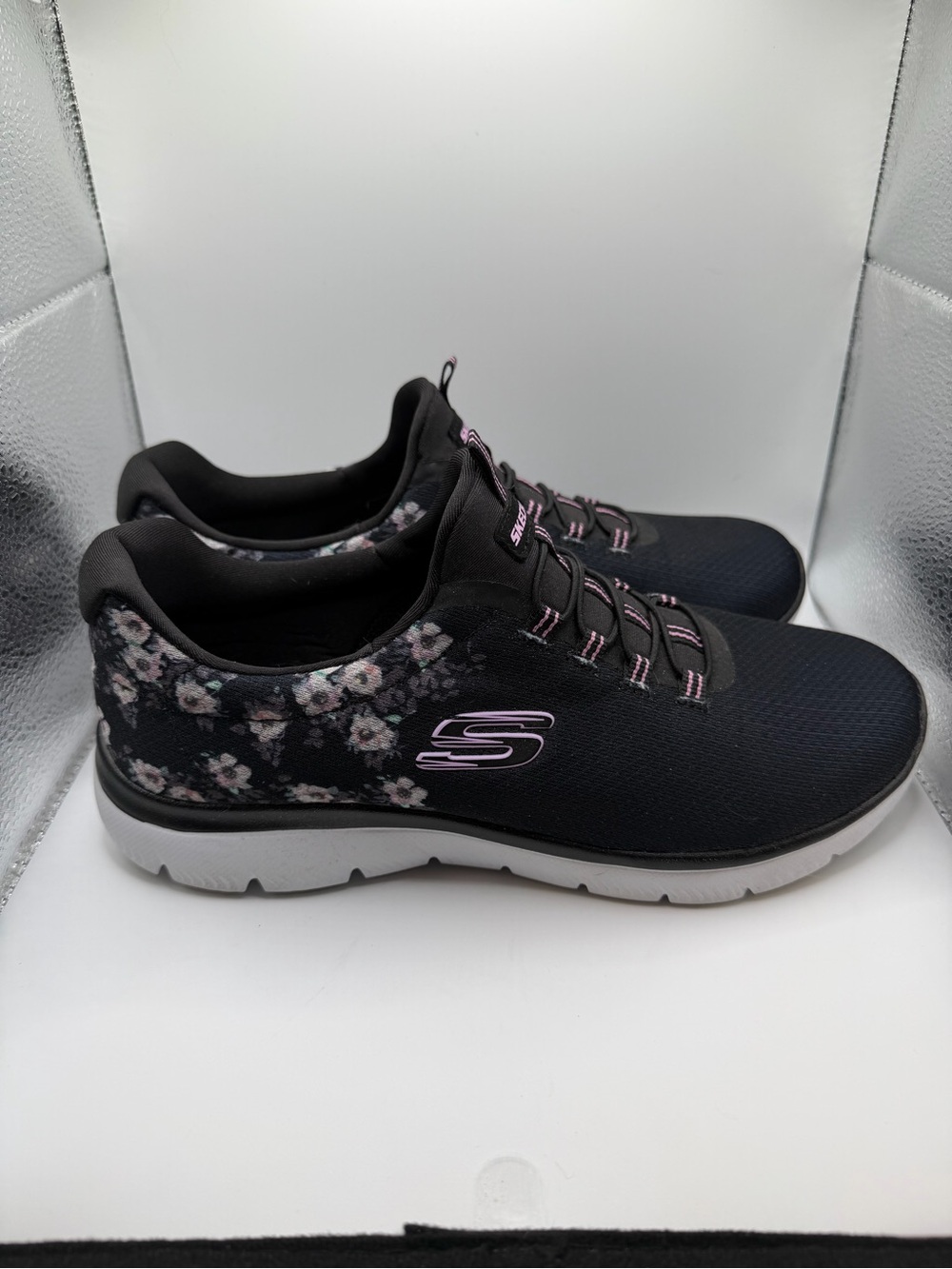 Skechers Women's Black Floral Slip-On Sneakers with Pink Trim